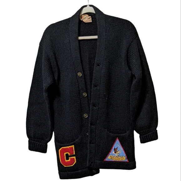 Vintage Sweaters - Princeton Award vintage black wool knitted school sweater jacket cardiga…